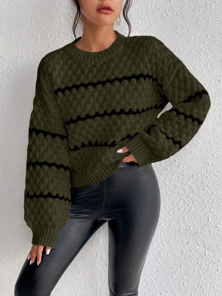 SHEIN LUNE Striped Pattern Contrast Color Crew Neck Casual Long Sleeve Pullover Sweater - Army Green - View 1