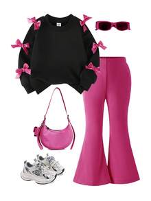 SHEIN Elladie kids 2 件套女童甜美酷炫蝴蝶结装饰黑色上衣 + 紫红色喇叭裤套装，黑色上衣搭配多个粉色蝴蝶结，紫红色喇叭裤搭配时尚廓形，甜美酷炫风格适合返校、郊游、街头穿着 - 彩色 - 查看 6