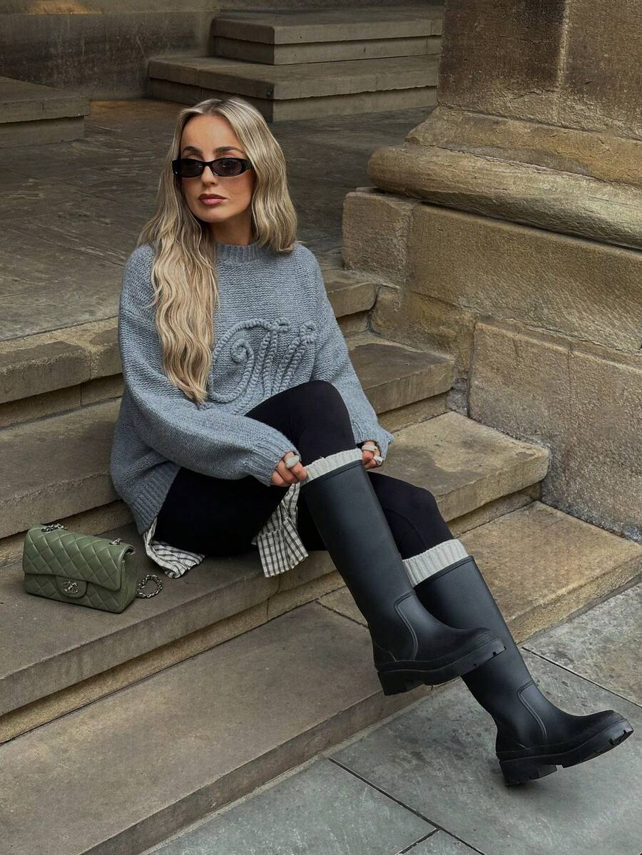 MISSGUIDED Oversized Cable Knit Sweater With Decorative Embroidered Monogram Detail Fall Winter Pullover - Grey - View 1