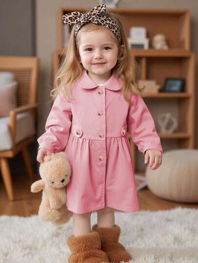 Baby Girl Fashionable & Cute Baby Girl Petite Collar Sweet Casual Button Decor Long Sleeve Pink Comfortable & Stylish Autumn/Winter Windbreaker