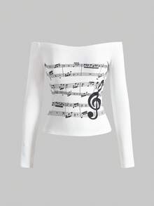 ROMWE Grunge Punk Music Note Print Off Shoulder Women Kpop Top - White - View 1