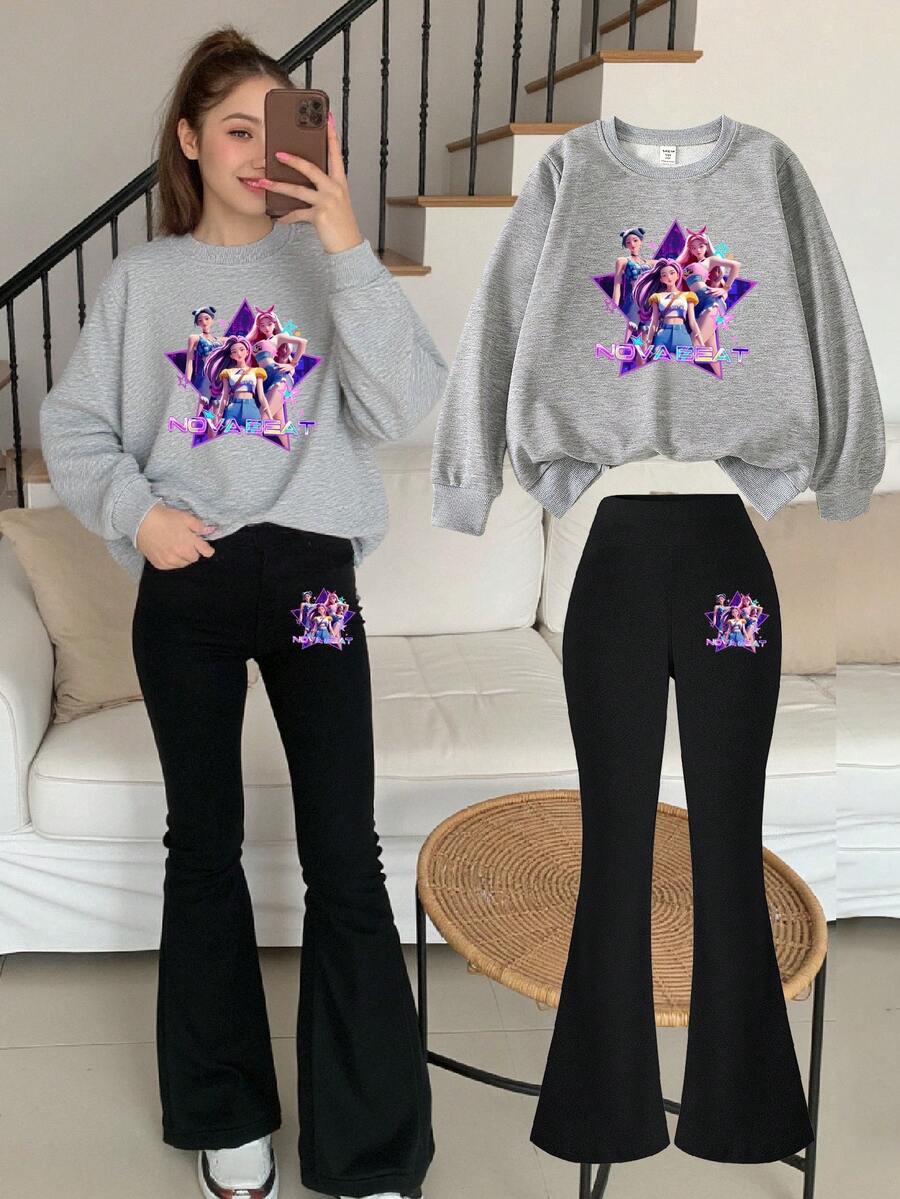 SHEIN Explorewe 少女休闲舒适时尚多功能创意韩流卡通女孩图案卫衣和黑色喇叭裤套装，时尚街头风图案套头卫衣和喇叭裤，适合秋冬季Y2K风格服装，妈妈女孩两件套 - 彩色 - 查看 1