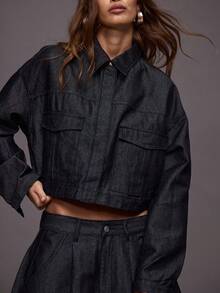 MUSERA 宽松落肩贴袋深色水洗牛仔夹克，适合冬季夜间外出、街头风、可爱返校季、性感、时尚、春夏穿着。 - 藏蓝色 - 查看 6