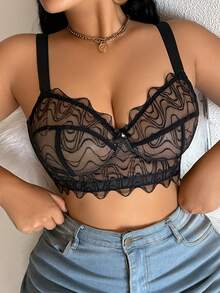 1 pieza Sujetador lencero con aros y bordado de malla para tallas grandes - Negro - Ver 11