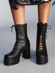 CUCCOO GRLICON 女士方头厚底黑色PU皮时尚简约舒适日常派对踝靴，侧拉链系带设计，适合圣诞派对、Y2K风格 - 黑色 - 查看 3