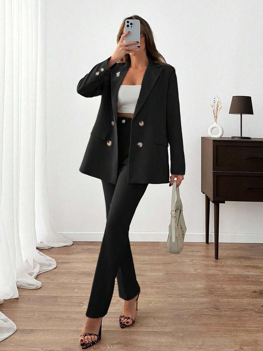 EURMUSE 女士纯色西装套装，西装外套和裤子，水钻和纽扣正面细节 - 黑色 - 查看 1
