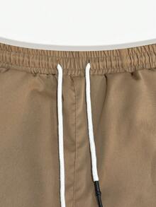 Manfinity Homme Men's Simple Front Drawstring Pocket Cargo Pants, Casual Daily Wear, Fall - Khaki - View 5