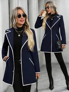 EMERY ROSE 女士秋冬翻领长袖口袋羊毛大衣 - 藍白色 - 查看 3