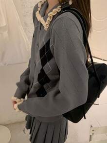 DAZY 女士休闲格子翻领开衫，秋冬 - 灰色 - 查看 2