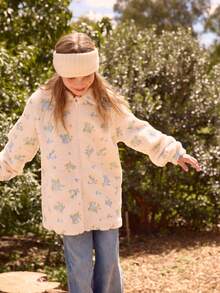 SHEIN Chaqueta con cuello alto, manga larga, con cremallera, de forro polar, con bordado floral, de estilo casual y elegante para niñas, para otoño/invierno - Blanco - Ver 6