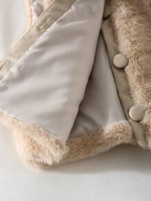 Girls Casual Fashion Simple Round Neck Long Sleeve Fitted Fleece Striped Khaki T-Shirt With Round Neck Sleeveless Short Fur Vest Jacket And Elastic Waist Long Flared Patchwork Fur Denim Pants 3-Piece Outfit, Girls Winter Fashion Suit - Khaki - View 4