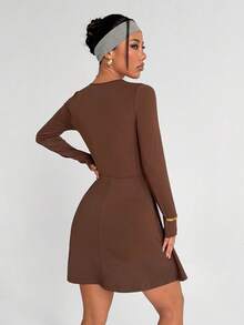 Dewbera Half-Wrap Long Sleeve Round Neck Tennis Style Sports Dress For Women - Brown - View 2