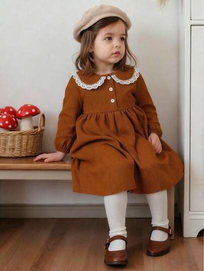 Souflis Souflis 法式复古2025秋冬新款休闲长袖浅棕色彼得潘领连衣裙撞色碎花边，适合郊游、上学、聚会、派对等场合，女宝宝连衣裙