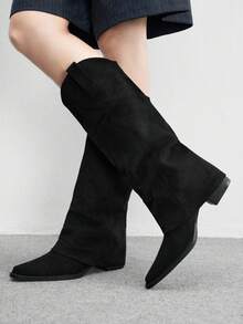 CUCCOO BIZCHIC 黑色尖头及膝靴 | 慵懒绒面革纹理 | 中粗跟 | 轻松时尚风格 | 2 双，高级皮革外观 - 黑色 - 查看 4