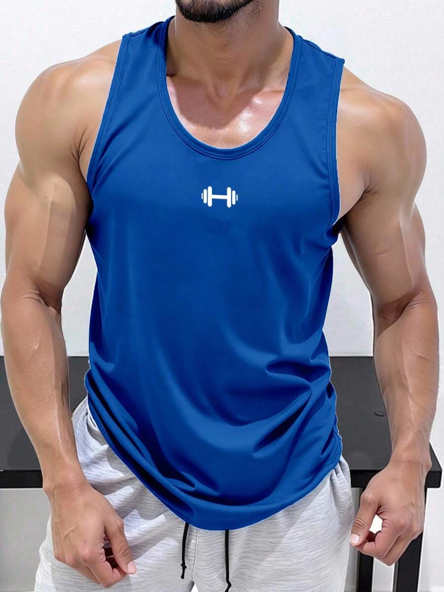 GymBeat 男士杠铃印花休闲健身露背背心 运动背心 皇家蓝背心 男士健身背心 健身上衣 男士健身服 - 藍色 - 查看 1