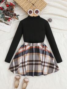 Emery Rose Kids Emery Rose Kids Tween Girl Solid Color Knit Polo Neck Casual T-Shirt & Woven Plaid Casua2 Piecesce Set - Black - View 4