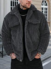 Manfinity CasualCool 男士抓绒法兰绒深灰色夹克，常规版型，袖长至手腕，休闲舒适，男士针织纽扣羊毛夹克，冬季款