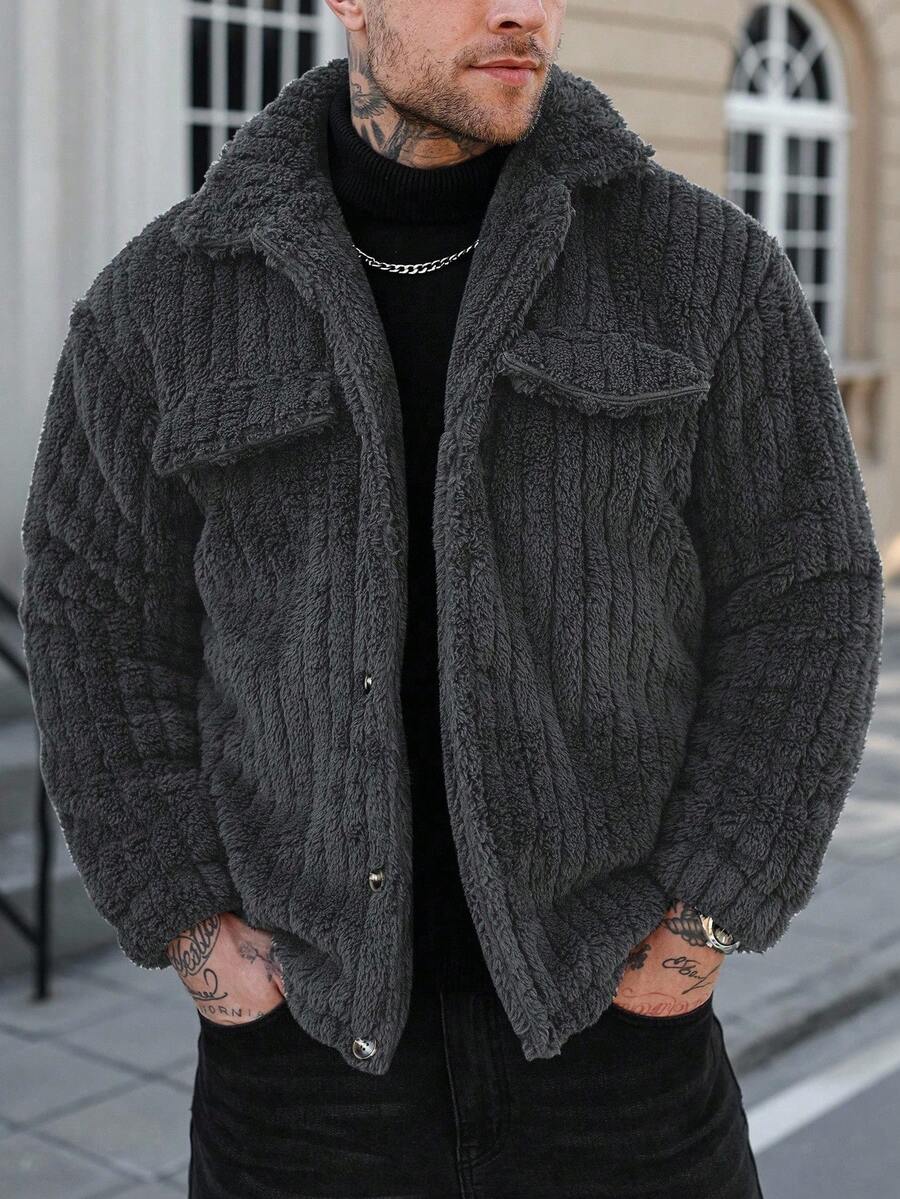 Manfinity CasualCool 男士抓绒法兰绒深灰色夹克，常规版型，袖长至手腕，休闲舒适，男士针织纽扣羊毛夹克，冬季款