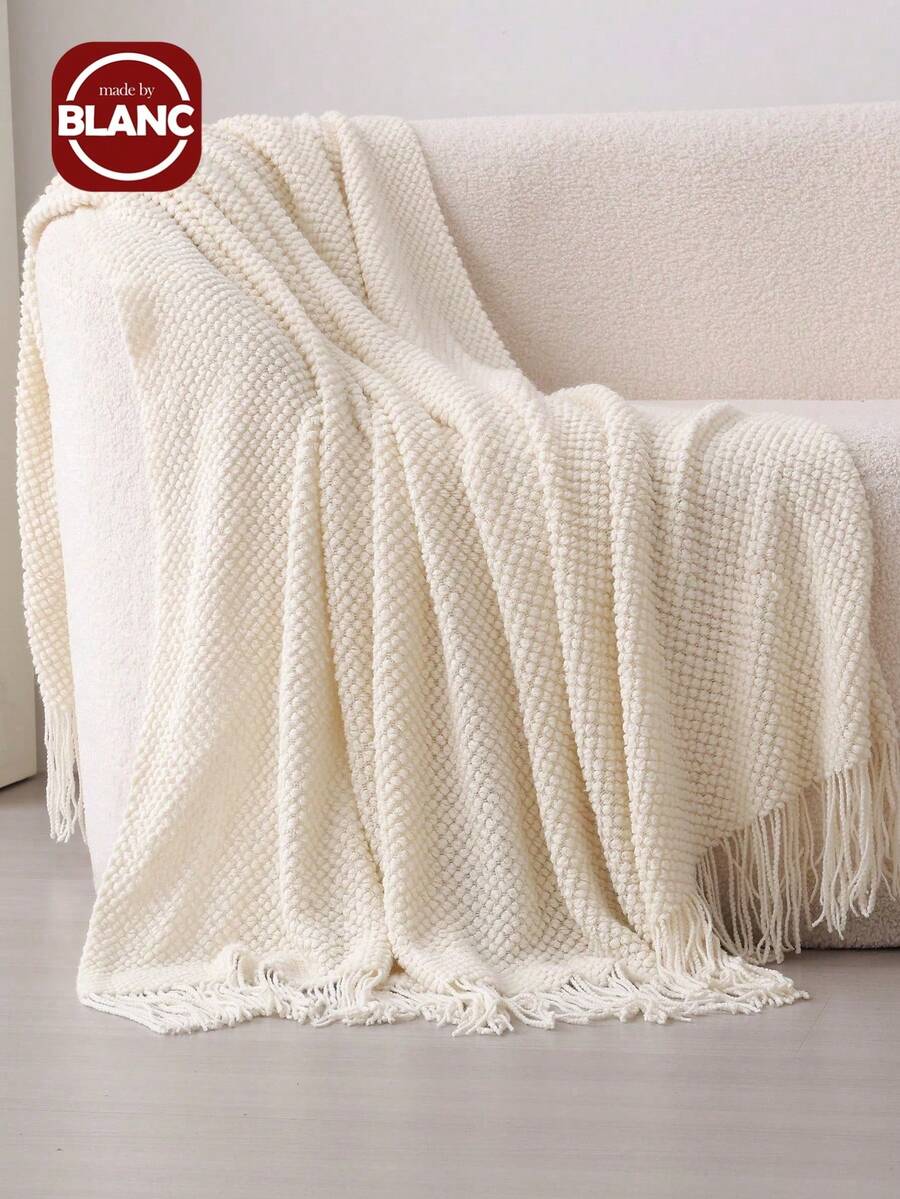 Madebyblanc 1 Stück einfarbige Strickdecke, rechteckige Acryl-Decke im nordischen Stil für Büro, Nickerchen, Sofadecke, gestrickte Überwurfdecke, Schal, Bezug, Tagesdecke, Bettdecke - Beige - View 1