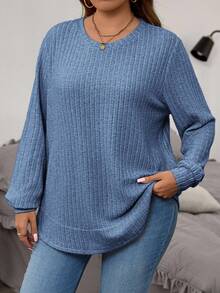 EMERY ROSE Plus Size Women's Dusty Blue Autumn Ribbed Knit Long Sleeve T-Shirt,Everyday Smart Casual V-Neck Loose Solid Color Top Sweater - Navy Blue - View 6
