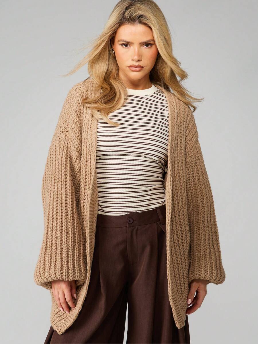 MISSGUIDED Oversized Chunky Knit Cardigan With Balloon Sleeves For Fall Winter Layering - Khaki - View 1