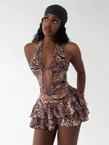 Amplova Women's All-Over Print Hollow Out Backless Sexy Sleeveless Bodysuit Leopard Print Dress