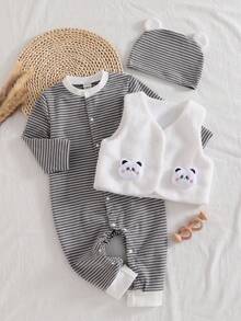 3pcs Baby Boy Autumn Winter Set,Cute Panda Plush Vest,Grey Striped Jumpsuit,Ear Hat,New Born Clothes,Unisex White Outfit,Matching Family - Grey - View 8