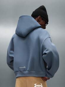 PLAYBOY X SUMWON Crop Fit Pullover Hoodie With Centre Pocket And Drawstring Hood Casual Streetwear Sweatshirt For Winter Fall - Dusty Blue - View 3