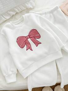 Genkimix Kids 2pcs/Set Young Girl Bow Embroidered Decor Polar Fleece Casual Round Neck Sweatshirt+ Solid Color Wide Leg Casual Pant, Lounge Set - White - View 1