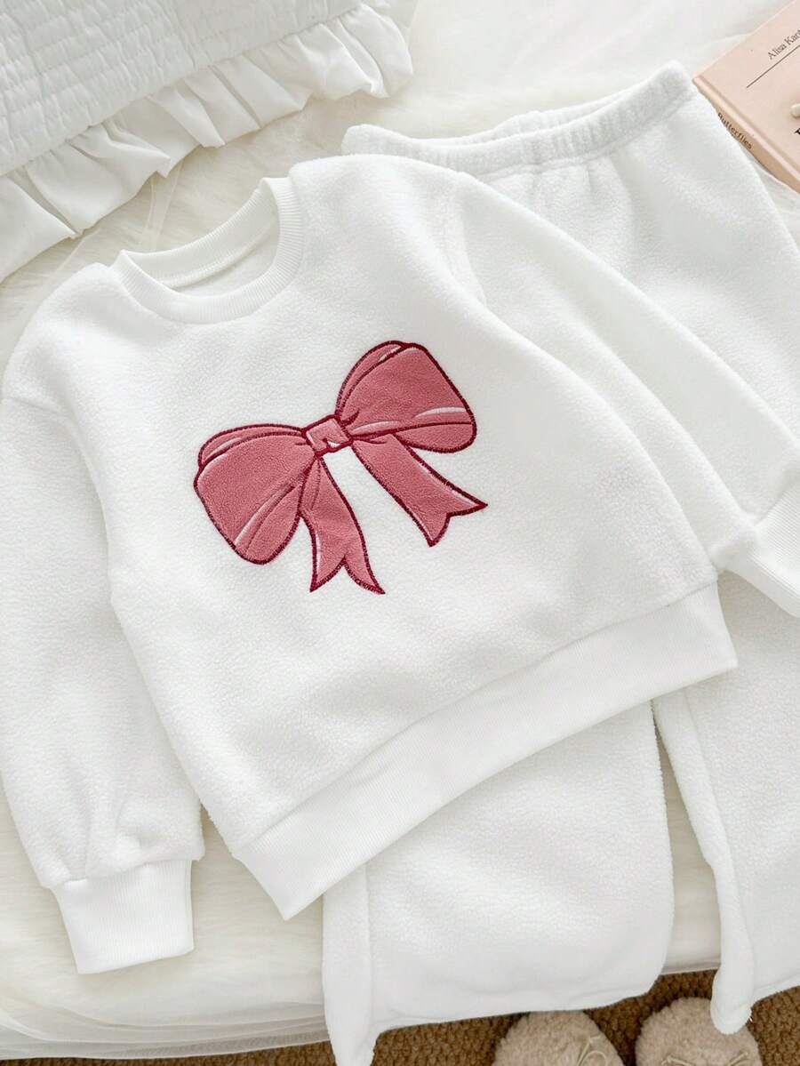 Genkimix Kids 2pcs/Set Young Girl Bow Embroidered Decor Polar Fleece Casual Round Neck Sweatshirt+ Solid Color Wide Leg Casual Pant, Lounge Set - White - View 1