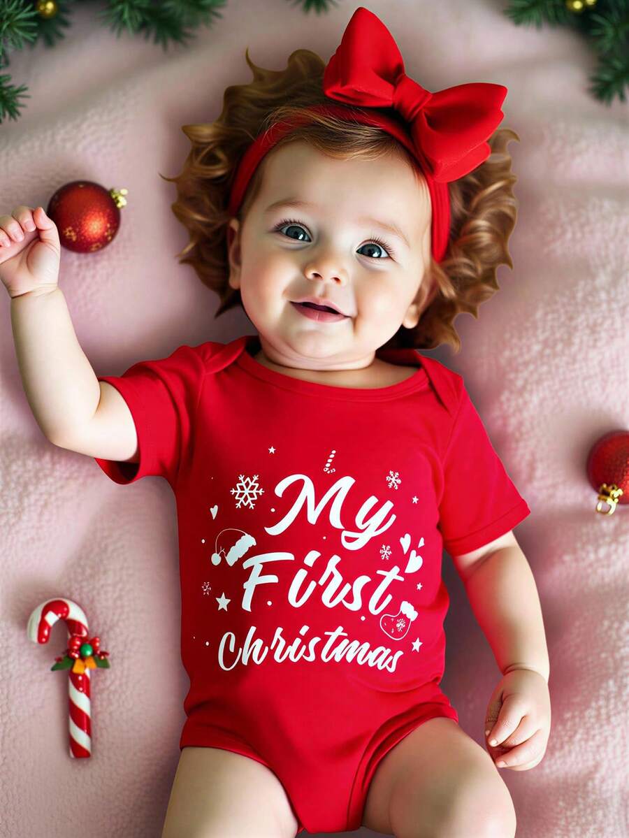 SHEIN Playful Pals 女婴圆领短袖休闲字母印花连体衣，夏季 - 紅色 - 查看 1