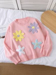 SHEIN Women's Floral Pattern Crew Neck Long Sleeve Long Sweater, Pink - Pink - View 1