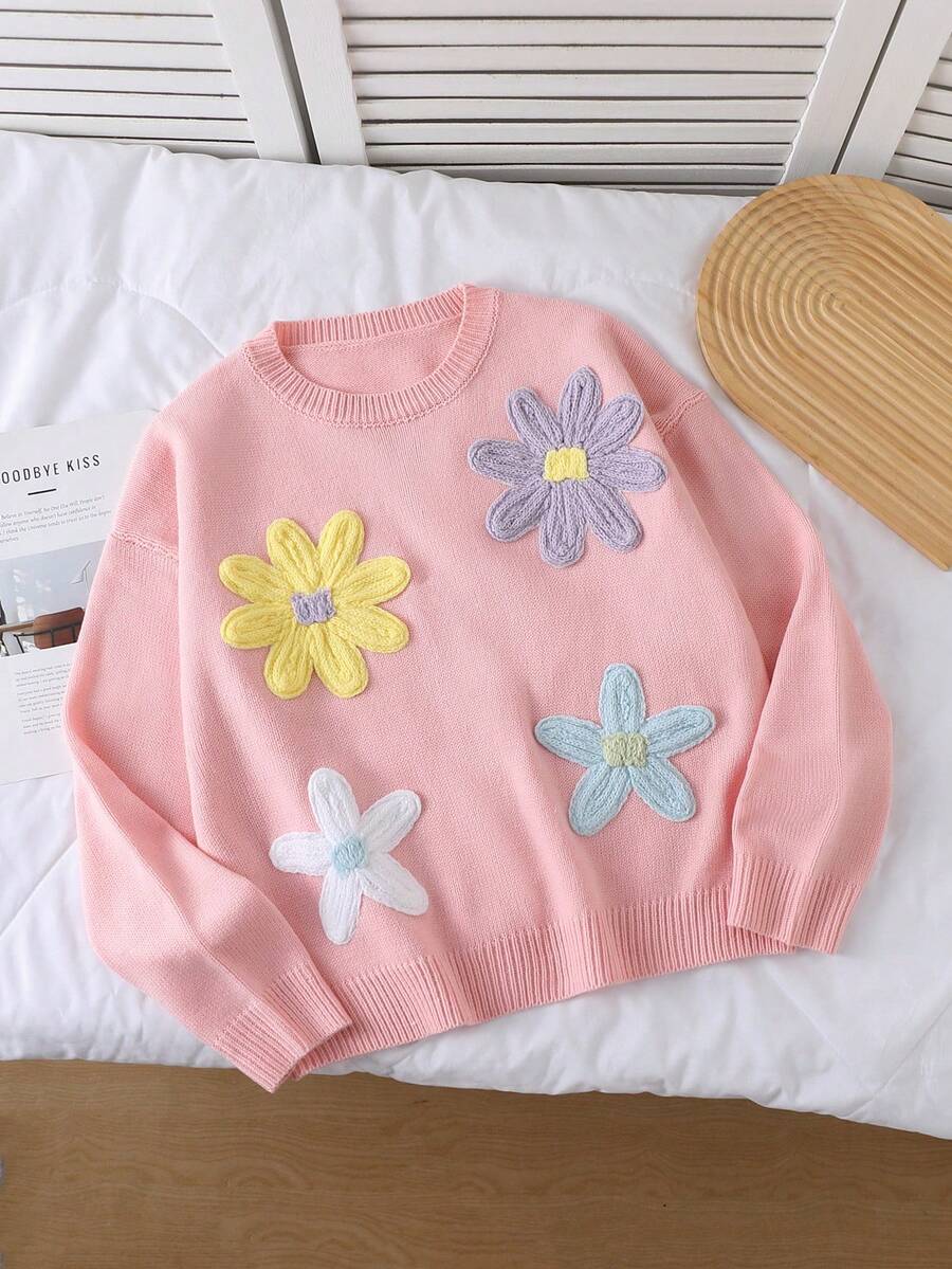 SHEIN Women's Floral Pattern Crew Neck Long Sleeve Long Sweater, Pink - Pink - View 1