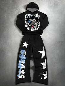 SHEIN 青少年男孩休闲简约秋季新款 Y2K 嘻哈风格星星、火焰、酷炫英文字母图案连帽衫和喇叭裤套装 - 彩色 - 查看 2