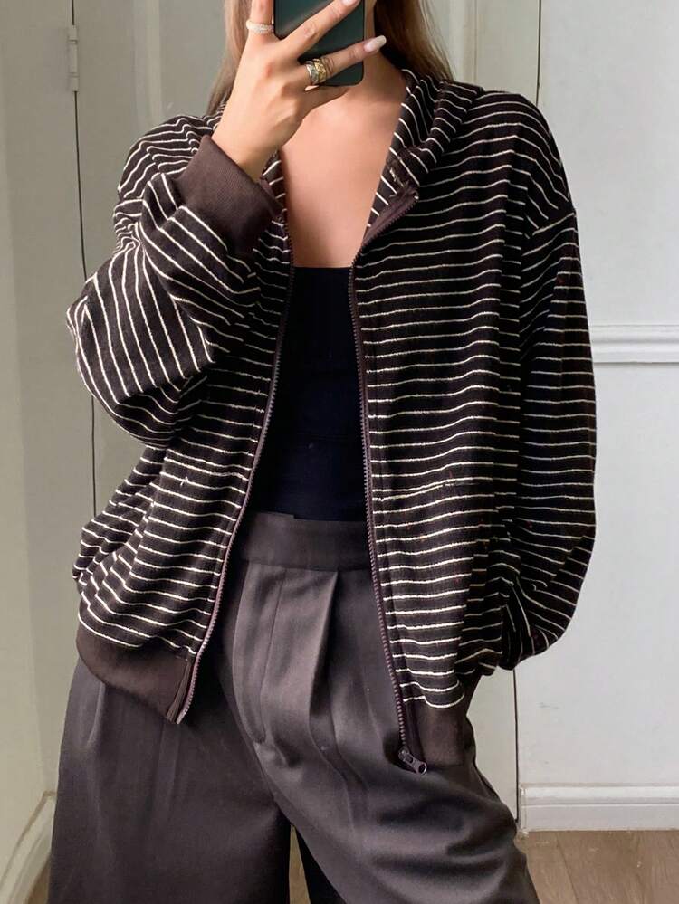 Color Block Striped Loose Hooded Zip-Up Long Sleeve Casual Street Style Sweatshirt For Women, Autumn/Winter