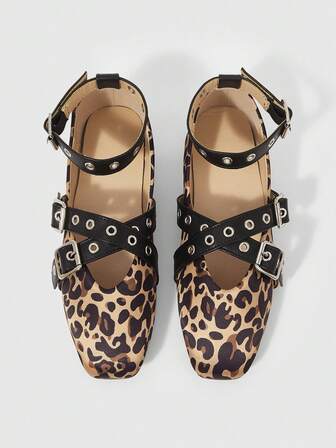 Grunge Punk CUCCOO Fashionable & Comfortable Square Toe Leopard Print Flat Mary Jane Shoes Witbowknotot & Metal Buckle For Women