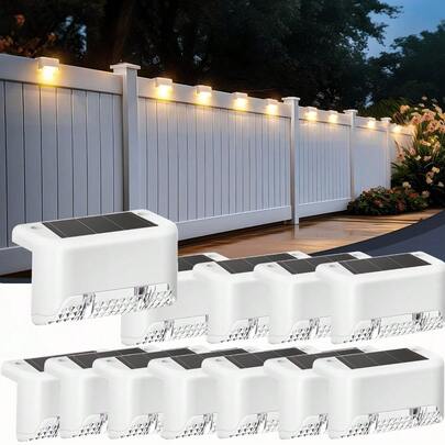 4/10/16 件太阳能栅栏灯，户外防水微型 LED 台阶灯，白色、黑色、棕色，用于户外甲板、楼梯、露台栅栏、花园（白色）