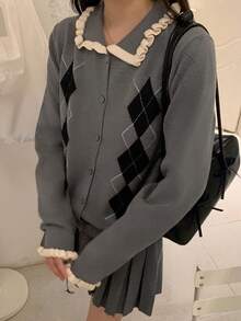 DAZY 女士休闲格子翻领开衫，秋冬 - 灰色 - 查看 5