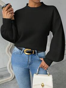 SHEIN PETITE 女式白色圆领灯笼袖简约百搭日常套头毛衣 - 黑色 - 查看 6