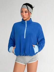 Dewbera 女式撞色落肩长袖拉链半开襟宽松运动衫 - 寶藍色 - 查看 4