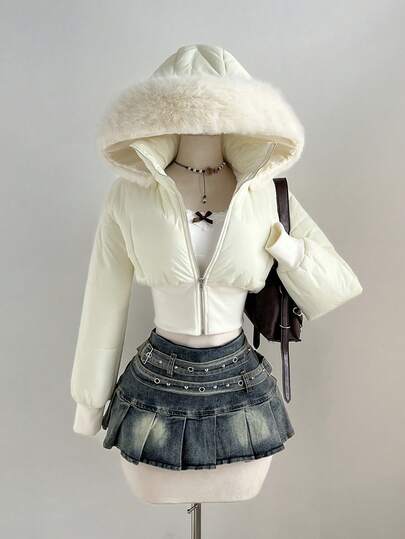 Elamini 女士时尚杏色拼接短款皮草连帽收腰立领长袖短款棉服外套，适合秋冬季