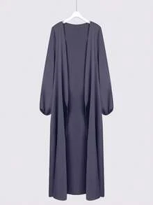 Al Najma 女士纯色灯笼袖阿拉伯风格外套，休闲长袍，适合日常休闲/家居服 - 深灰色 - 查看 1
