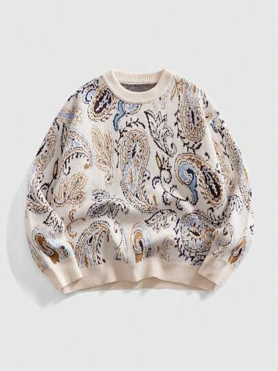 Jersey de cuello redondo para hombre con patrón de anacardo retro de punto