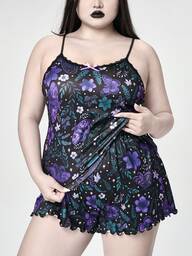 Ensemble pyjama grande taille avec imprimé gothique sombre de papillon, plante, fleur et dentelle avec nœud papillon