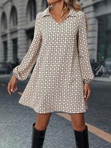 LanaWest Petite Women's New Apricot V-Neck Collar Long Sleeve Loose A-Line Dress, Simple & Elegant Printed Short Casual Everyday Dress, Autumn/Winter - Apricot - View 1