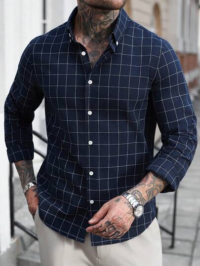 Manfinity Homme Camisa de manga larga de negocios a cuadros azul para hombres