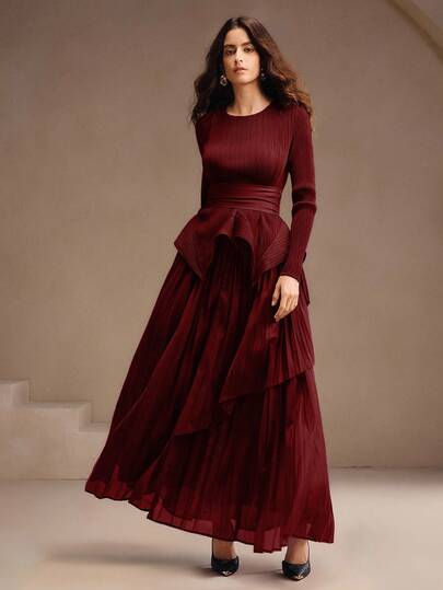 Anewsta Women's Autumn Round Neck Pleated Waist Long Sleeve Top Asymmetricalar Three-LayeSkirtrt, Elegant, Chic, Suitable For Party, Christmas, New Year, Wedding