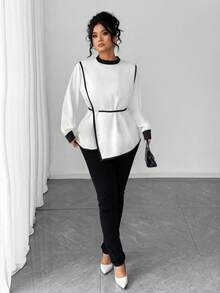 Elenzga بلوزة أنيقة متعددة الاستخدامات مناسبة للارتداء اليومي والحفلات، مقاسات كبيرة، من قماش منسوج بتصميم كتل لونية، ياقة دائرية، أكمام فضفاضة، خصر مربوط