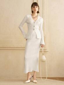 Arave 女士优雅两件套针织套装，收腰廓形，手工珍珠刺绣设计，适合约会 - 白色 - 查看 3