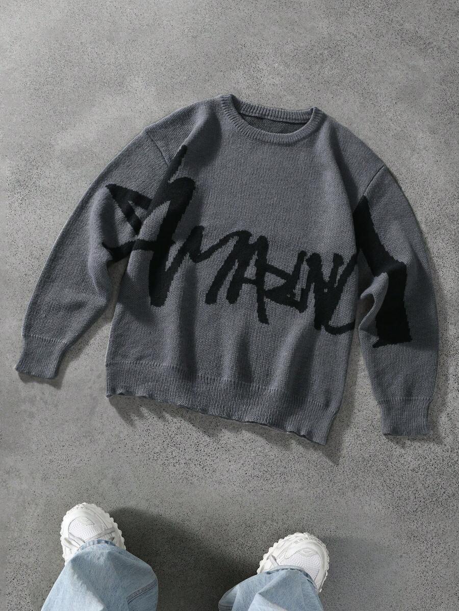 Manfinity EMRG 男士字母图案圆领长袖套头毛衣，秋冬 - 深灰色 - 查看 1